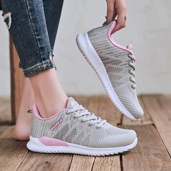 回力跑步鞋春季新款运动鞋韩版潮女鞋厚底减震爆米花网面慢跑鞋 灰粉