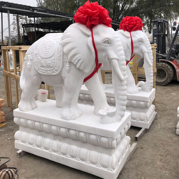 汉白玉石雕大象一对 大象大门口石雕青石小象摆件一对天然仿古圆雕