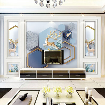 现代简约五宫格造型壁布 客厅8d立体几何麋鹿壁画 沙发5dd影视墙画