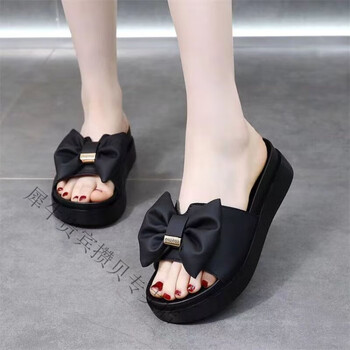 软底拖鞋女2024夏季新款蝴蝶结时尚外穿厚底百搭休闲凉拖鞋女黑色35