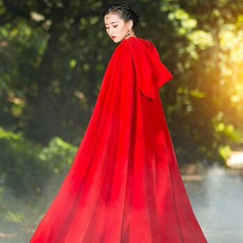 红色斗篷毛呢大衣女外套复古小红帽披风秋冬红色带出手处l适合身高170