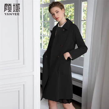 颜域知性通勤风衣女2023秋气质女装英伦宽松中长款外套 黑色1 M/38