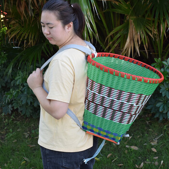 背篓纯手工编织塑料竹背篓买菜采摘茶收纳舞蹈影视道具成人钢化大号绿