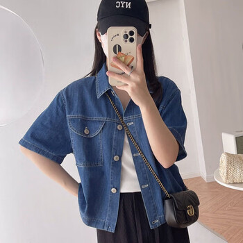 复古牛仔短袖外套翻领单排扣宽松港风短款衬衫上衣女夏 高质量深蓝色