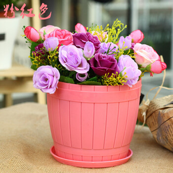 仿陶瓷花盆糖果色圆形塑料花盆彩色多肉花盆加厚花瓣阳台盆栽粉色木桶