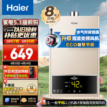 海尔（Haier）12升燃气热水器天然气水气双调恒温五重净化健康ECO节能开机自检多重安防家用JSQ22-12UTS(12T)