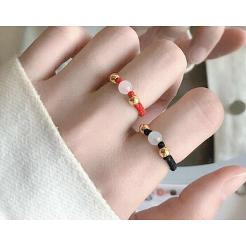 戒指女足金黄金戒指转运珠男女情侣款编织红绳送2金珠1红玛瑙黑绳戒指