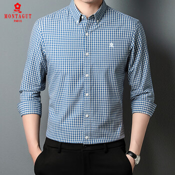 梦特娇法国进口格子长袖衬衫男纯棉薄款春秋装时尚100棉高端衬衣蓝格