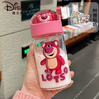 迪士尼disney可爱草莓熊玻璃杯女生新款高颜值便携学生耐高温水杯360