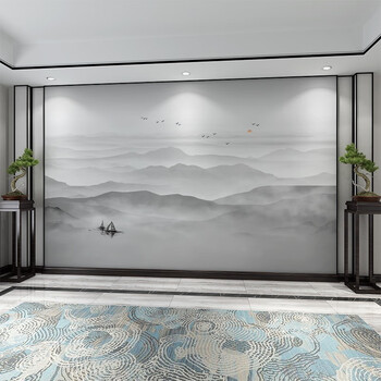 慕槿思格 黑白水墨山水画新中式电视背景壁纸壁画山水风景大气客厅