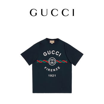 gucci古驰针织棉"gucci firenze 1921"男士短袖t恤[明星款式] 深蓝色