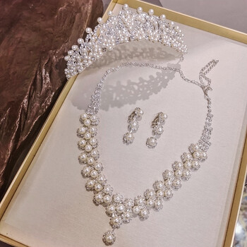 昂朗珍珠饰品三件套唯美韩式珍珠水钻新娘头饰皇冠项链套装新娘饰品