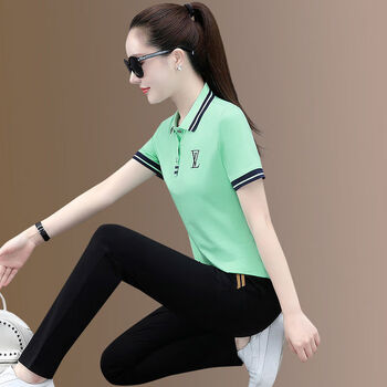禾纾休闲套装女韩版时尚洋气百搭运动夏装新款宽松士翻领短袖小众两件