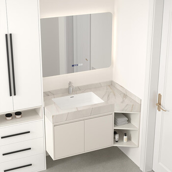 枫茗极窄卫生间转角浴室柜组合岩板无缝一体盆卫浴洗漱台切角洗手盆柜