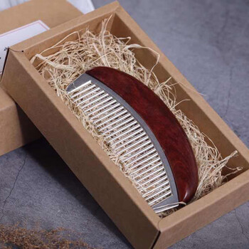 ypay赞比亚紫檀镶嵌银梳子手工打磨梳子送礼长辈女友礼物送紫檀镀银