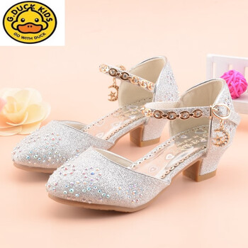 duckkids女童皮鞋高跟2024夏季水钻蝴蝶结大中小儿童公主包头单鞋银色