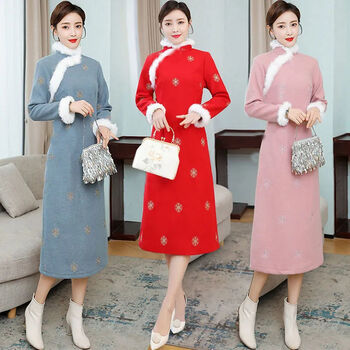 【连衣裙女秋冬款】旗袍冬款加厚改良旗袍连衣裙气质复古中国风女装裙 116 加绒保暖 M 可穿