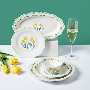 碗碟套装餐具创意菜盘子家用组合创意田园日式简约小清新花边圆形 28