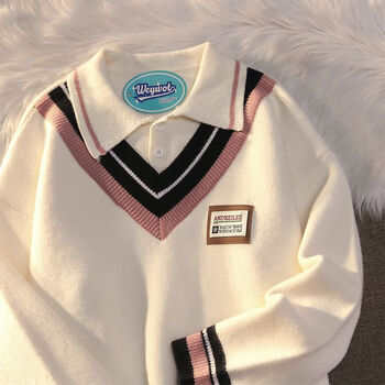 ujxw高中生毛衣女冬季学院风长袖假两件毛衣针织衫女装秋季新款杏色