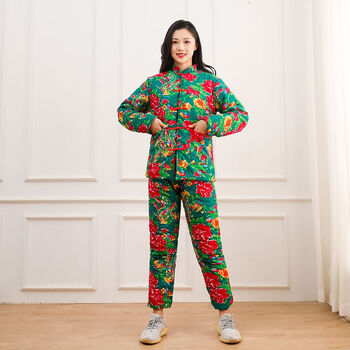 橦华东北大花棉袄套装女大花布羽绒棉袄民族风男款棉衣居家服加厚秋冬