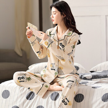 浪莎纯棉睡衣女士春秋套装翻领开襟长袖睡衣女全棉青年大码家居服开衫