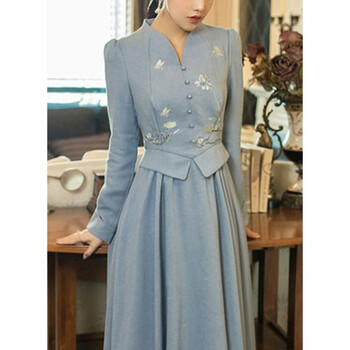 原创设计师女装女巫和骑士中国风修身时尚气质假两件2021冬季新款长袖连衣裙长裙 蓝色 XL