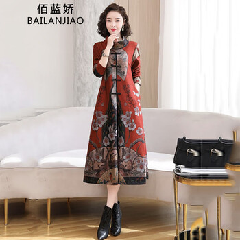 佰蓝娇2024春秋季女装新款中国风改良旗袍连衣裙中年喜婆婆婚宴礼服 红色 M (95-115斤)