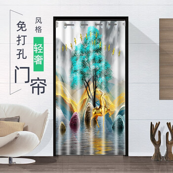 门帘不锈钢伸缩杆睿鹏新中式免打孔布艺门帘隔断帘空调挡风帘四季通用