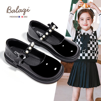 巴拉奇童鞋女童春秋小皮鞋珍珠学生儿童黑白皮鞋 BL3352 黑色 38码