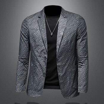 雅弋尔花西装男休闲西服商务休闲单西外套时尚印花小西装春秋上灰色m
