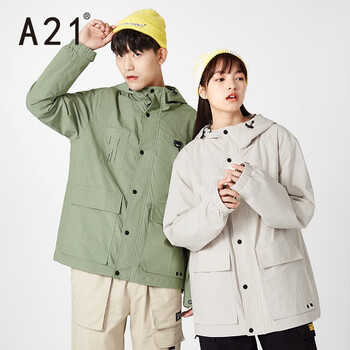 A21男装合体防风连帽长袖开胸夹层字母印花前幅贴袋时尚街头外套情侣款 浅灰绿 170/84A/M