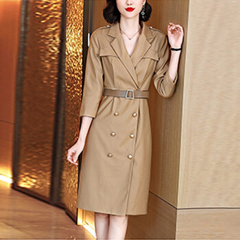 恒源祥时尚优雅气质连衣裙女2021年秋冬装新款时髦简约百搭高腰显瘦减龄连衣裙女装潮 卡其色 M