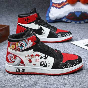 高帮鞋2021冬季新款国潮男鞋高帮休闲板鞋中国红舞狮手绘潮鞋款红色37