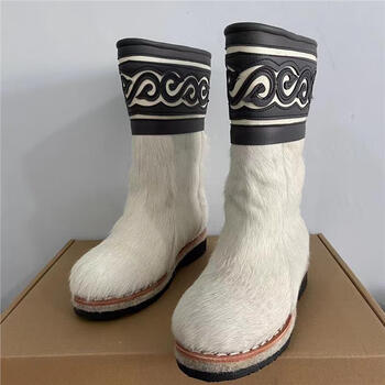 桀珀图冬季女款防寒皮毛一体中筒雪地靴毛毛女鞋蒙古民族风毛毡底女棉