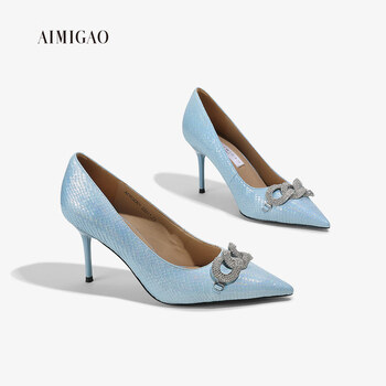 爱米高2021春夏新款射蛇皮性感单鞋尖头羊猄高跟鞋细跟真皮女鞋 浅兰