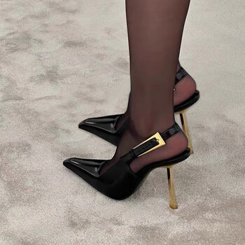 韫舜黑色尖头高跟鞋细跟2024新款春秋季气质漆皮黑色单鞋细跟不易累脚