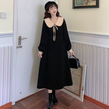 【保暖显瘦】【女装新款】秋季灯芯绒复古娃娃领蝴蝶结裙子2021年新款韩版腰带文艺连衣裙女【有运费险】 酒红色 L