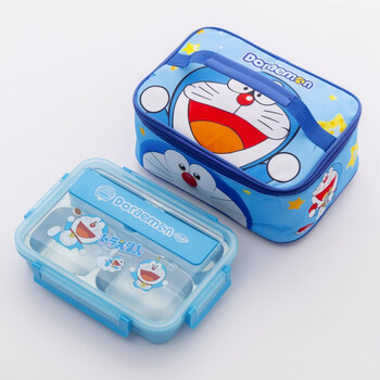 饭盒卡通可爱小学生专用食堂带汤碗分隔餐盒儿童便当盒 蓝胖子(4格)1.