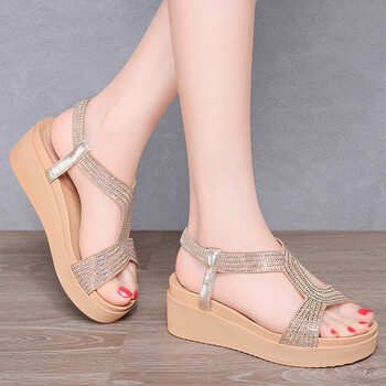 百年纪念 露趾坡跟凉鞋女丁字式扣带休闲百搭舒适厚底女鞋2382 金色