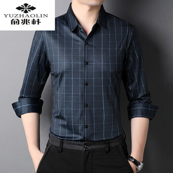 俞兆林长袖衬衫男秋季浅灰色条纹韩版休闲中年男装衬衣潮 上青 48