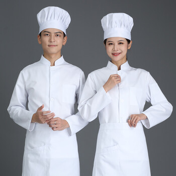 厨师长袖学校幼儿园食堂人员装厨房工装 白色单排扣短袖 围裙 调节布