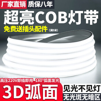 梵耀 cob灯带220v超亮180度弧面柔性客厅家用吊顶自粘线灯条户外防水 5米【cob弧面180°发光】配插头 白光6000k