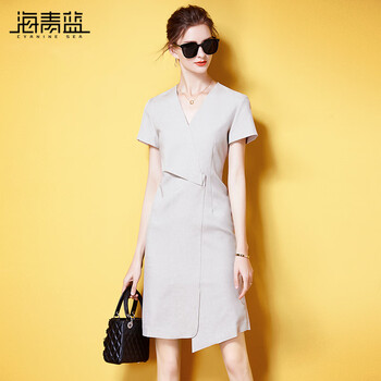海青蓝（CYANINE SEA）通勤名媛风气质连衣裙短袖夏季新款女装时尚简约不规则裙子 浅卡其色 XL