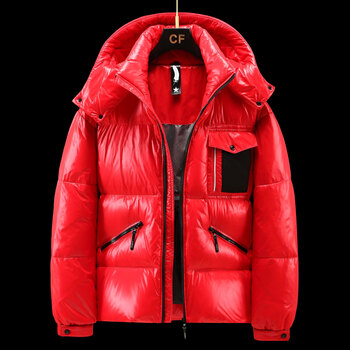 欧洲站加厚亮面羽绒服女2022冬季新款连帽保暖情侣同款外套 红色 xl