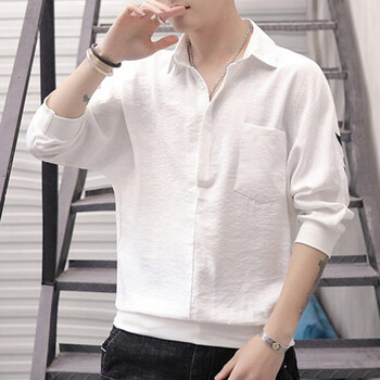 七分袖衬衫男韩版潮流帅气男装新款夏港风日系纯色7分袖衬衣潮男白色