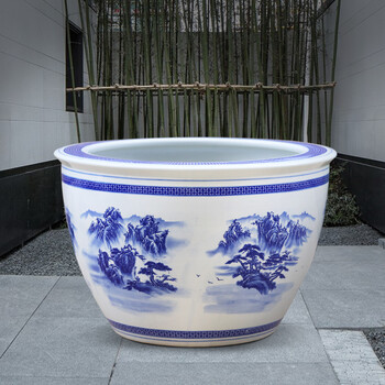 禾佳成 陶瓷鱼缸青花瓷水缸老式养鱼盆荷花缸家用庭院特大睡莲缸 山水