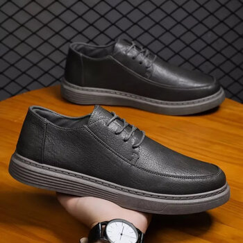 斯凯奇男鞋春季新款百搭低帮休闲皮鞋男士板鞋黑色防滑防水厨师劳rd60