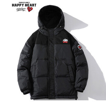 happyheart查尔斯桃心羽绒服男女情侣款爱心logo袖章休闲撞色拼接连帽
