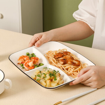 传旗陶瓷分餐盘10英寸分格圆盘沙拉盘减脂分隔早餐盘三格分餐盘