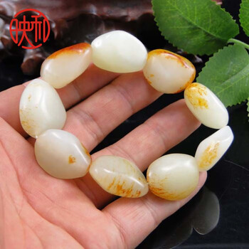 映和 新疆和田玉籽料原石手串羊脂白玉手串玉石手串手链带红皮古玩手把件男女手饰 精品特大号(8-9颗籽料)